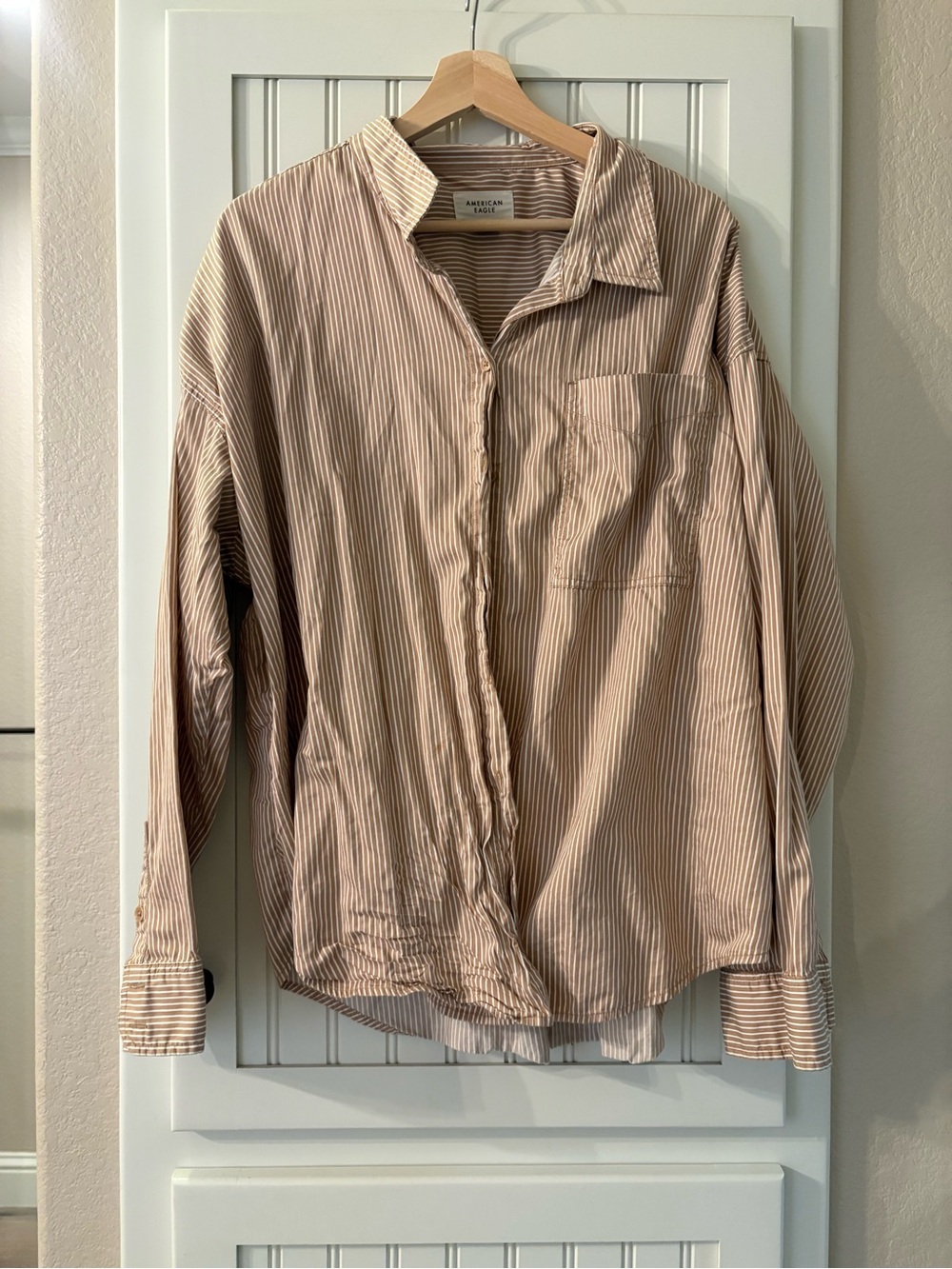 American Eagle Outfitters Beige and White Striped Button-Down Shirt
